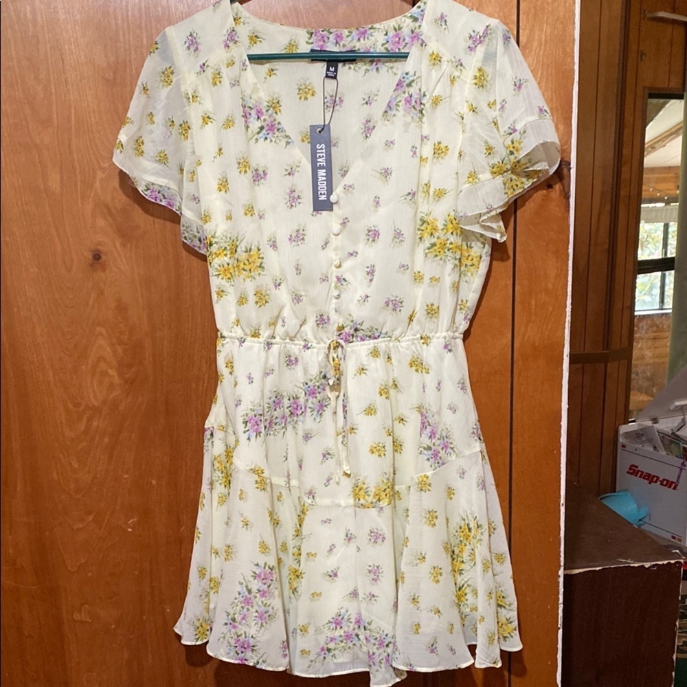 Steve Madden Cream Floral Small Dress with Yellow and Purple Accents NWT Spring